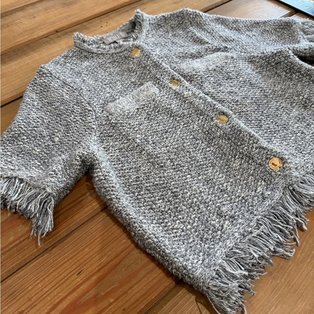 J. Crew Gray Bouclé Fringe Short-Sleeve Cardigan